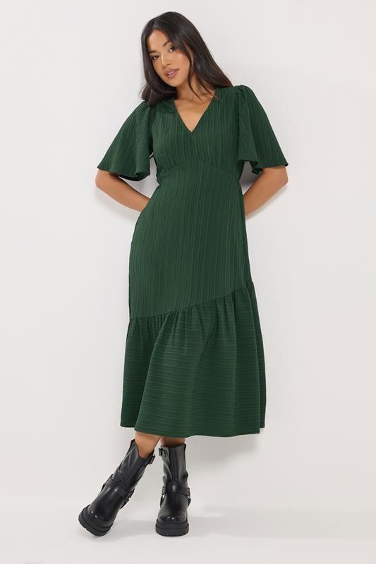 PixieGirl Petite Dark Green Crinkle Tiered Midi Dress