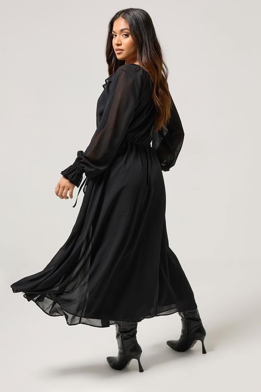 PixieGirl Petite Women's Black Chiffon Frill Tie Waist Maxi Dress | PixieGirl 4