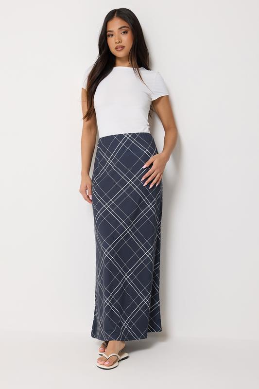 PixieGirl Petite Navy Blue Check Maxi Skirt