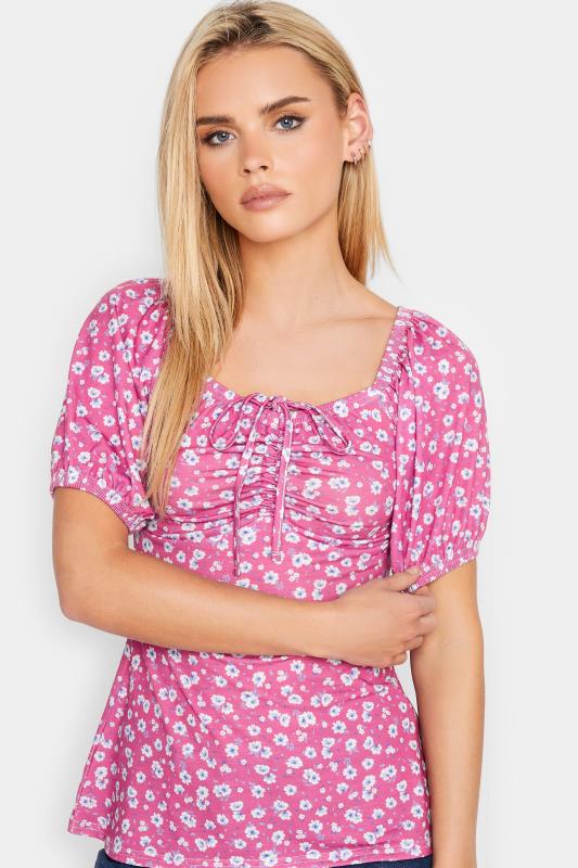 Petite Pink Daisy Print Ruched Front Top | PixieGirl 4