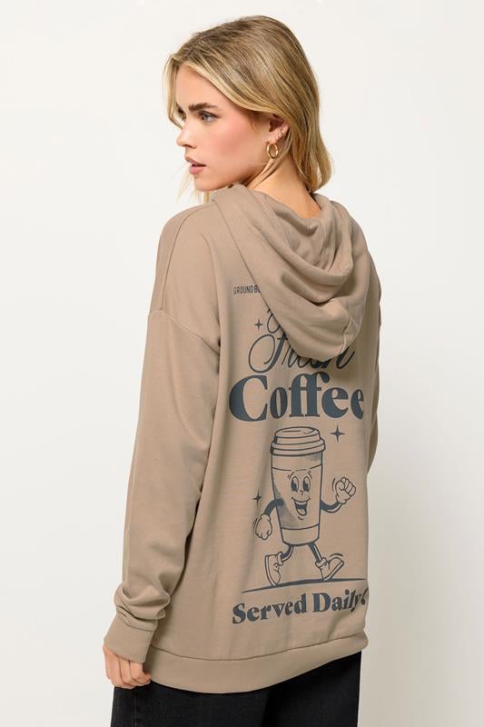 Petite  PixieGirl Petite Natural Brown 'Coffee' Slogan Drawstring Hoodie