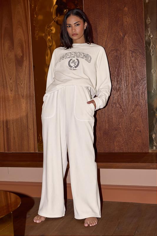 PixieGirl Petite Women's Ivory White Fleece Wide Leg Trousers | PixieGirl 1