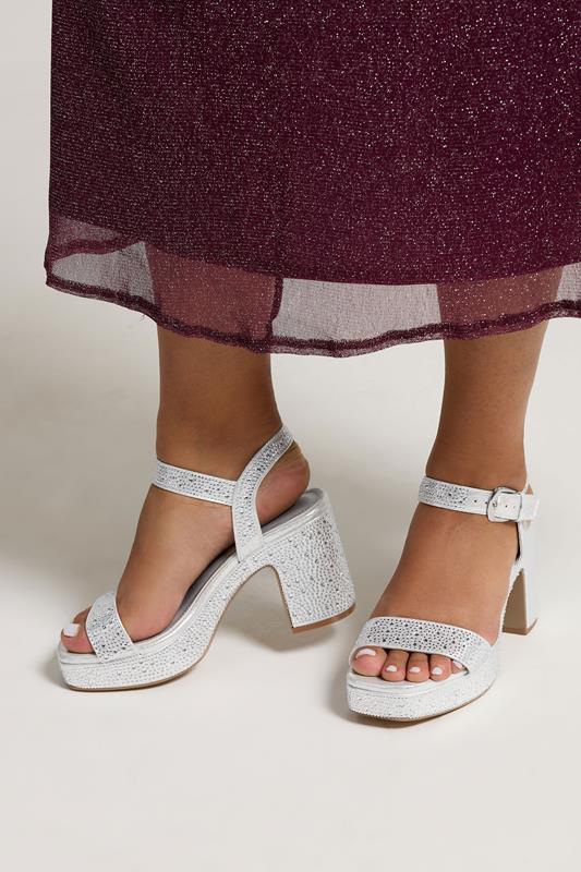 Plus Size  Yours Silver Diamante Platform Block Heels In Wide E Fit