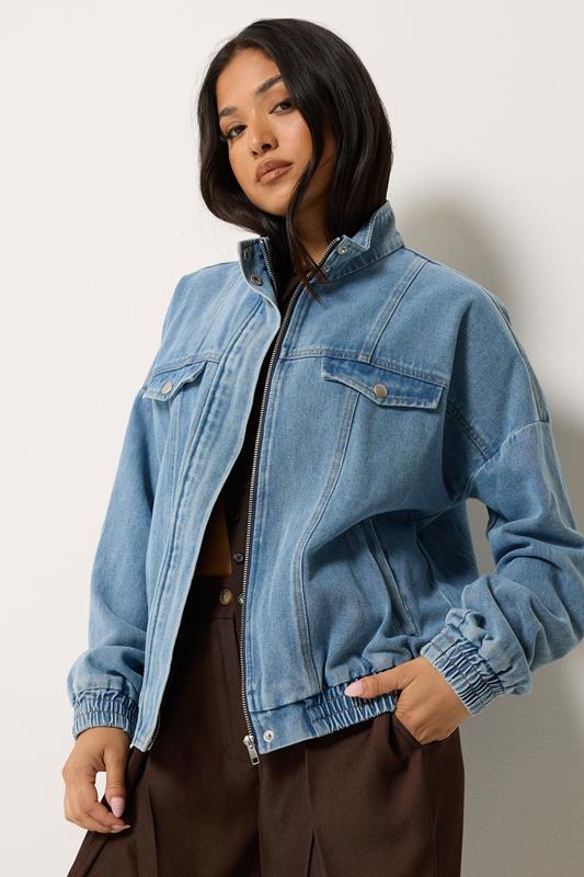  PixieGirl Petite Mid Blue Funnel Neck Denim Trucker Jacket