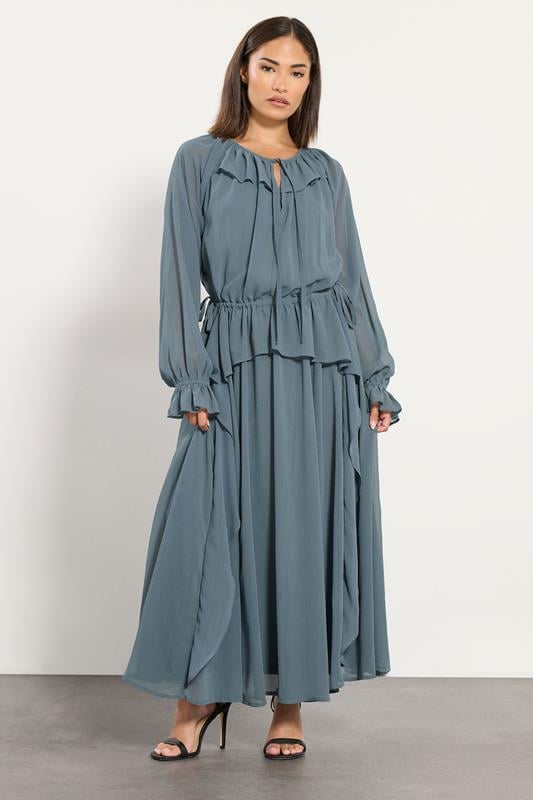 PixieGirl Petite Women's Blue Chiffon Frill Tie Waist Maxi Dress | PixieGirl 1