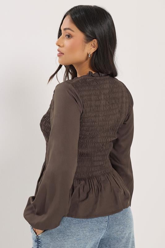 PixieGirl Petite Women's Chocolate Brown Shirred Long Sleeve Shirt | PixieGirl 3