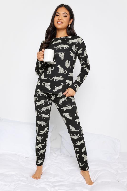 PixieGirl Petite Black Leopard Print Cuffed Pyjama Set | PixieGirl  2