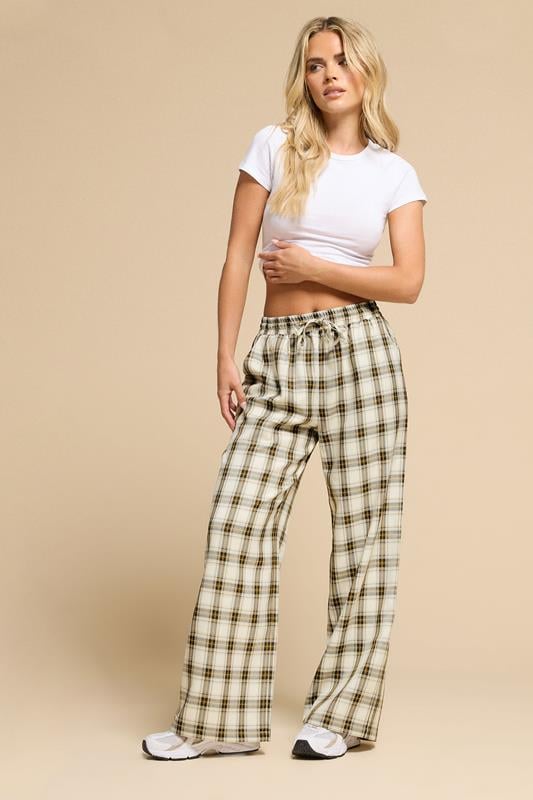 PixieGirl Petite Women's Natural Brown Check Wide Leg Trousers | PixieGirl 1