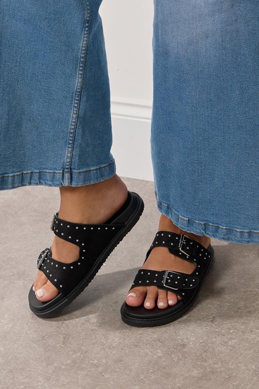 Plus Size  Yours Black Studded Buckle Strap Sandals In Extra Wide EEE Fit