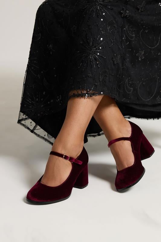 Plus Size  Yours Burgundy Red Velvet Mary Jane Block Heels In Extra Wide EEE Fit