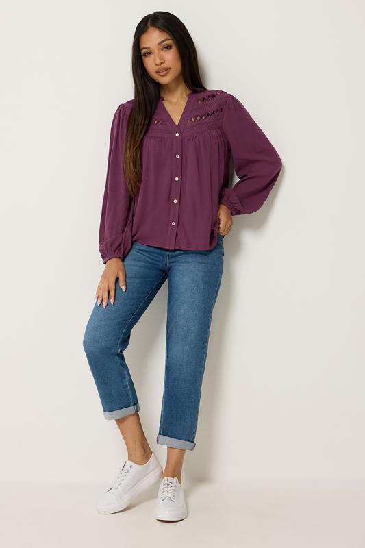 M&Co Petite Berry Purple Crochet Long Sleeve Blouse | M&Co 1