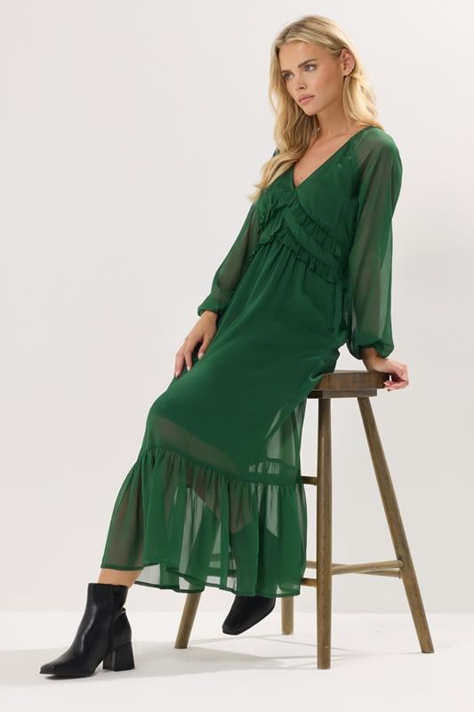 PixieGirl Petite Women's Green Chiffon Frill Midaxi Dress | PixieGirl 2