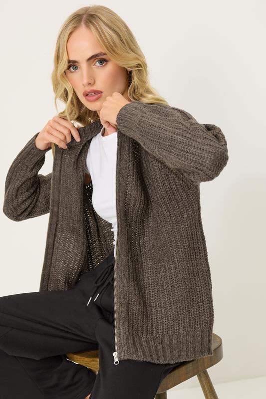 PixieGirl Petite Women's Brown Knitted Zip Cardigan | PixieGirl 1
