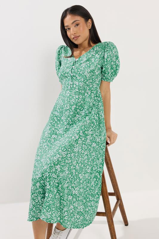 M&Co Petite Green Ditsy Floral Puff Sleeve Dress | M&Co  1