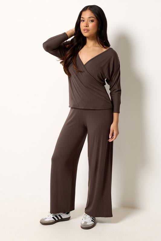 PixieGirl Petite Women's Set Chocolate Brown Wrap Top & Wide Leg Trousers | PixieGirl 1