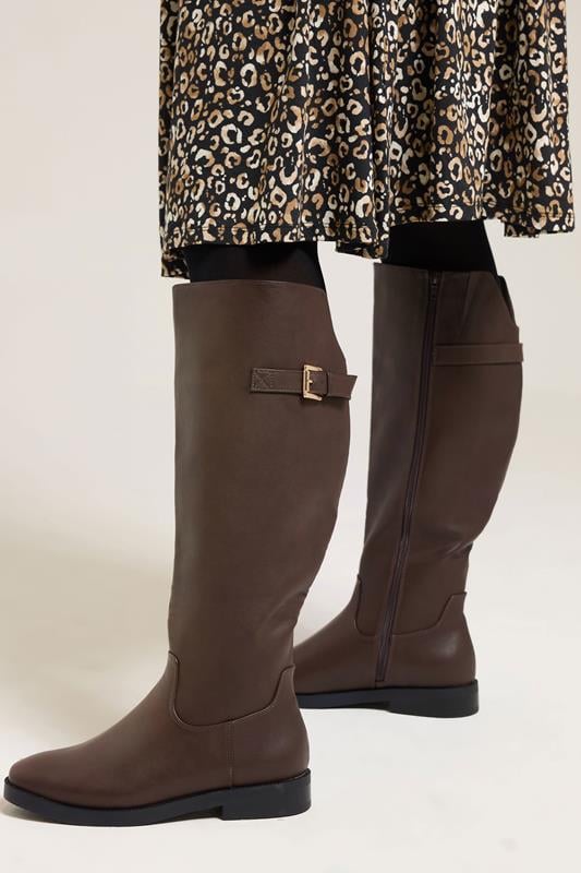 Plus Size  Yours Brown Faux Leather Buckle Detail Knee High Boots In Extra Wide EEE Fit