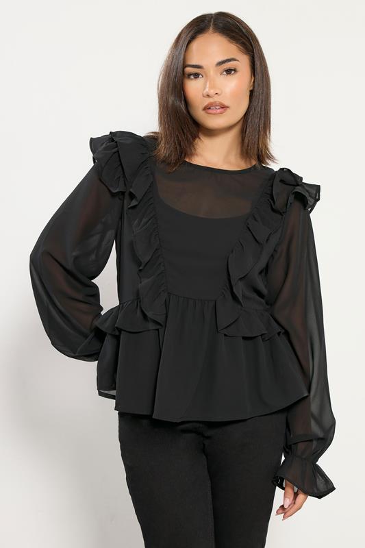 Petite  PixieGirl Petite Black Frill Shoulder Chiffon Blouse