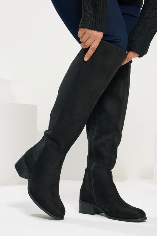Plus Size  Yours Black Faux Suede Elasticated Knee High Boots In Extra Wide EEE Fit