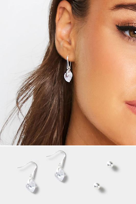 2 PACK Silver Heart Drop & Stud Earrings | Yours Clothing 1