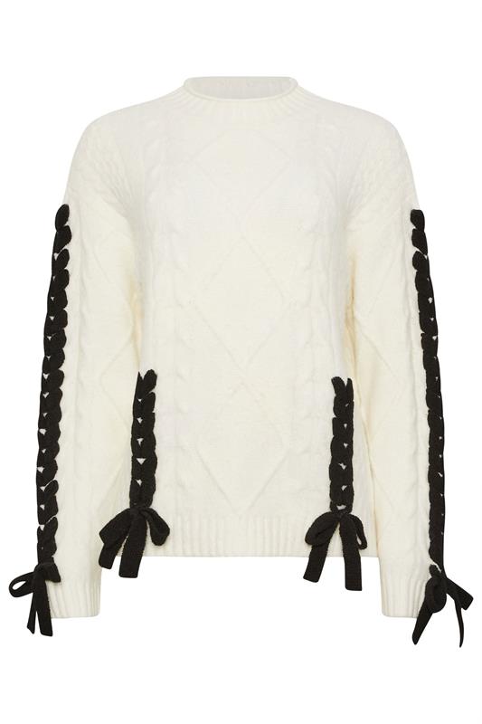 Women's  STAR Ivory White Contrast Trim Cable Knit Jumper