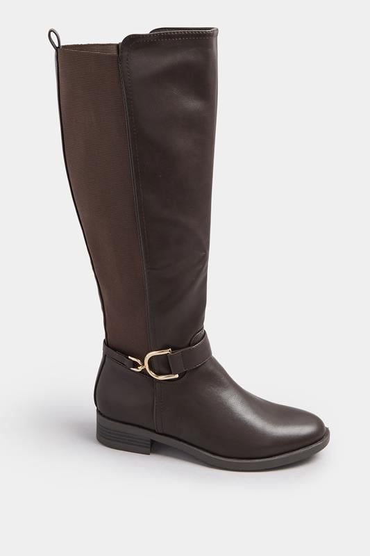 Tan Brown Buckle Stretch Back Knee High Boots In Standard Fit | Yours Clothing 2
