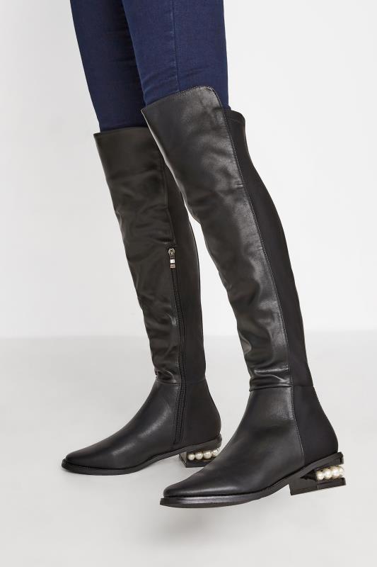 Petite  PixieGirl Black Over The Knee Pearl Boots In Standard Fit