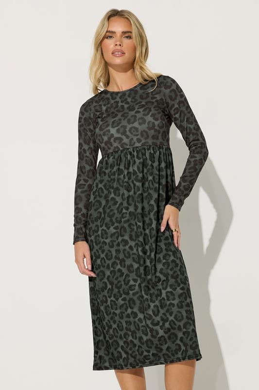 PixieGirl Petite Women's Khaki Green Leopard Print Smock Dress | PixieGirl 2