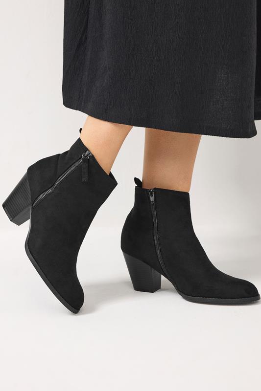 Black Faux Suede Block Heel Ankle Boots In Wide E Fit & Extra Wide EEE Fit