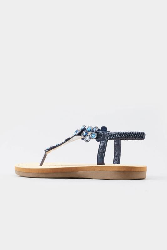 Navy Shimmer Diamante Flower Sandals In Wide E Fit & Extra Wide EEE Fit | Yours Clothing 6