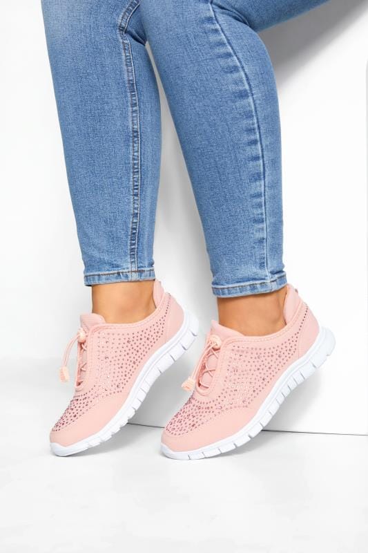 Pink Embellished Trainers In Wide E Fit & Extra Wide EEE Fit | Yours Clothing 1