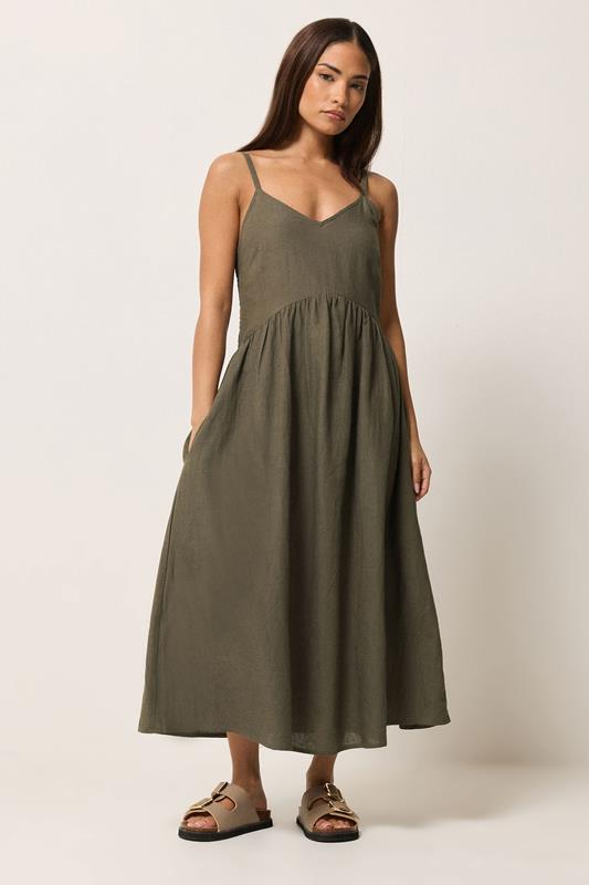 PixieGirl Petite Women's Chocolate Brown Strappy Linen Midi Dress |  PixieGirl
