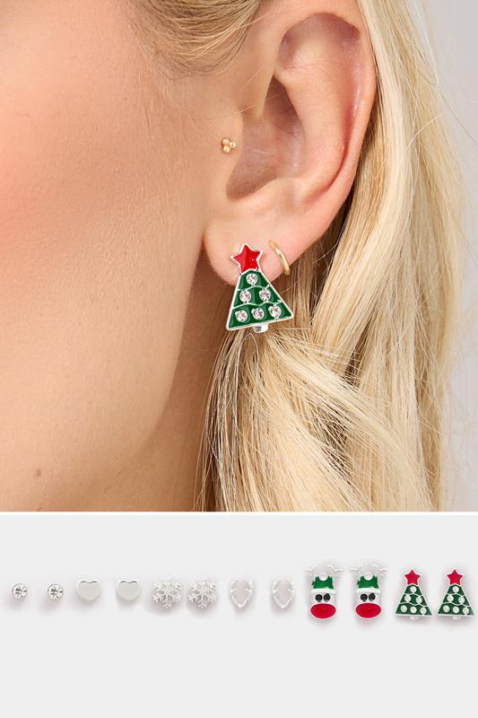 6 PACK Silver Tone Novelty Christmas Earrings Set