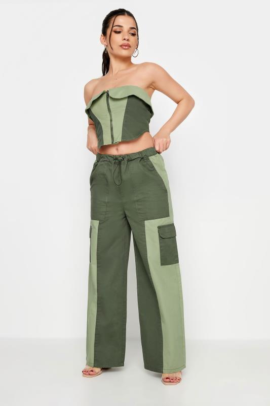 PixieGirl Petite Womens Khaki Green Colourblock Cargo Trousers | PixieGirl 3