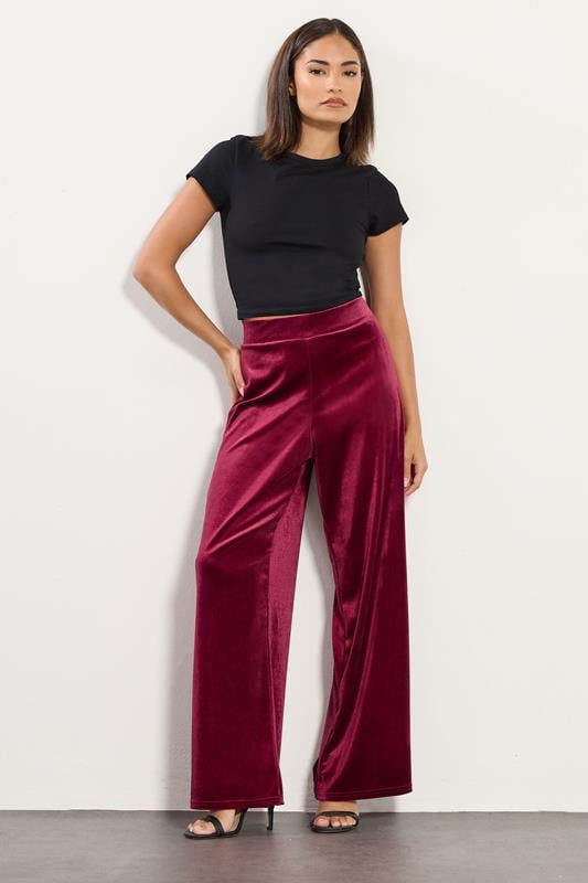 PixieGirl Petite Women's Burgundy Red Velour Wide Leg Trousers | PixieGirl 1