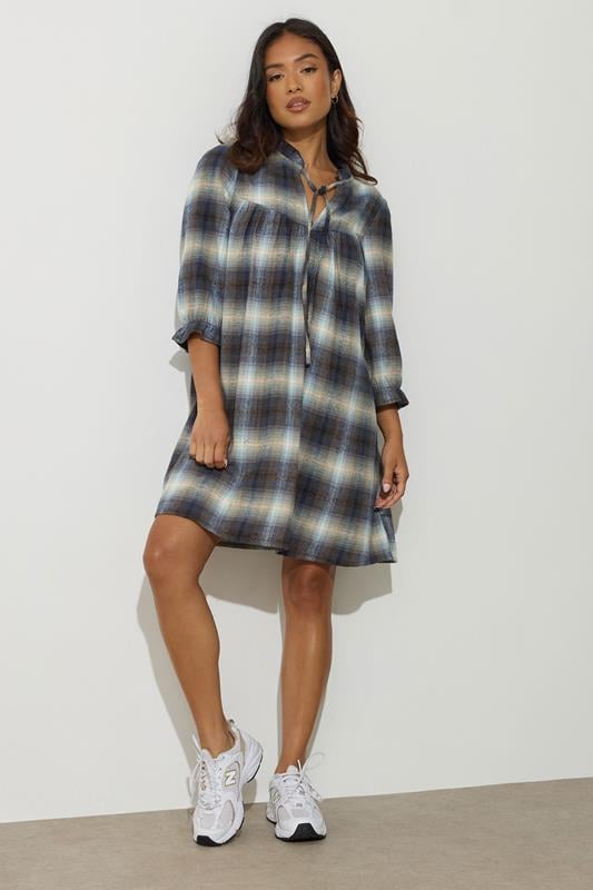 Petite  PixieGirl Petite Blue Brushed Check Tie Smock Dress