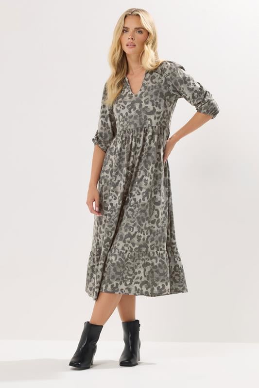 PixieGirl Petite Women's Grey Animal Print Collar Midaxi Dress | PixieGirl 1