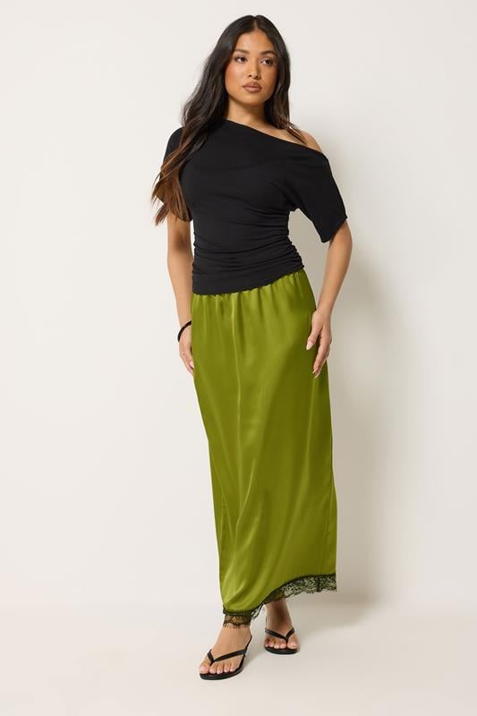 PixieGirl Petite Women's Olive Green Lace Hem Satin Maxi Skirt | PixieGirl 1