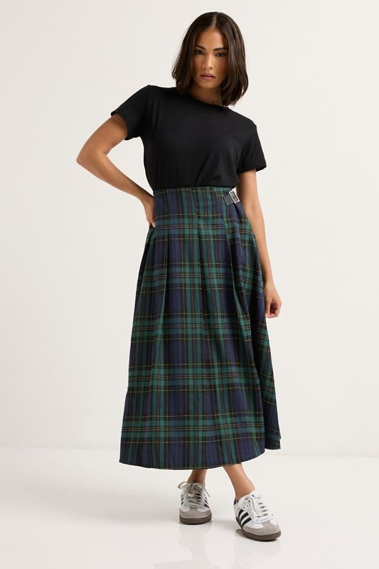 Petite  PixieGirl Petite Blue & Green Check Buckle Midi Skirt