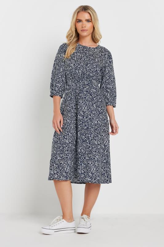  M&Co Petite Navy Blue Spot Print Midi Dress