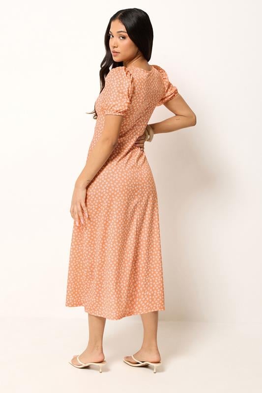 PixieGirl Petite Women's Orange Floral Ruched Midi Dress | PixieGirl