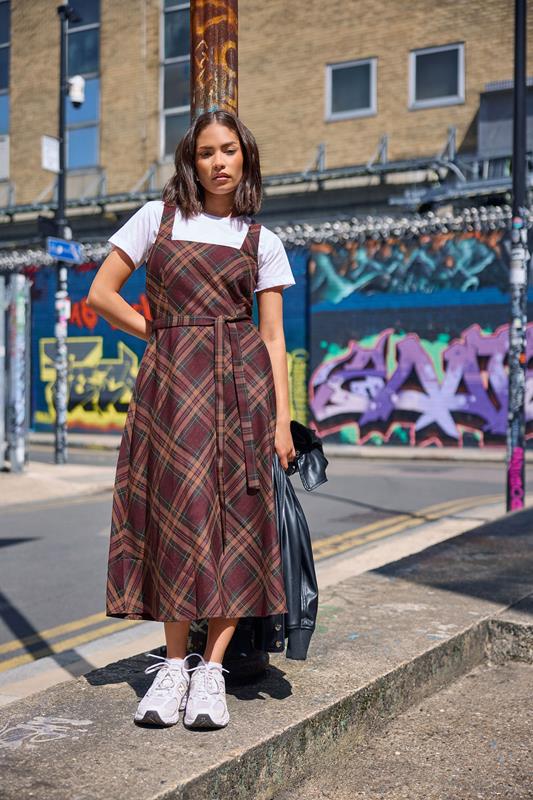 Petite  PixieGirl Petite Burgundy Red Check Pinafore Midi Dress