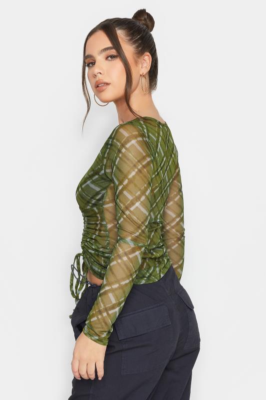 Petite Green Checked Ruched Front Wrap Top | PixieGirl  4