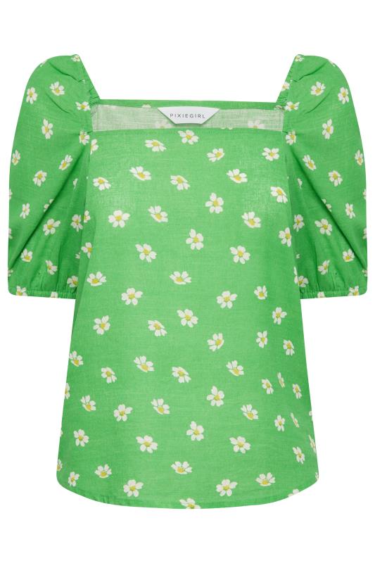 PixieGirl Petite Womens Green Daisy Print Square Neck Linen Top | PixieGirl 7