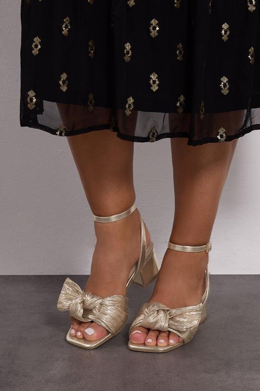 Plus Size  Yours Gold Bow Mid Block Heel Sandals In Extra Wide EEE Fit