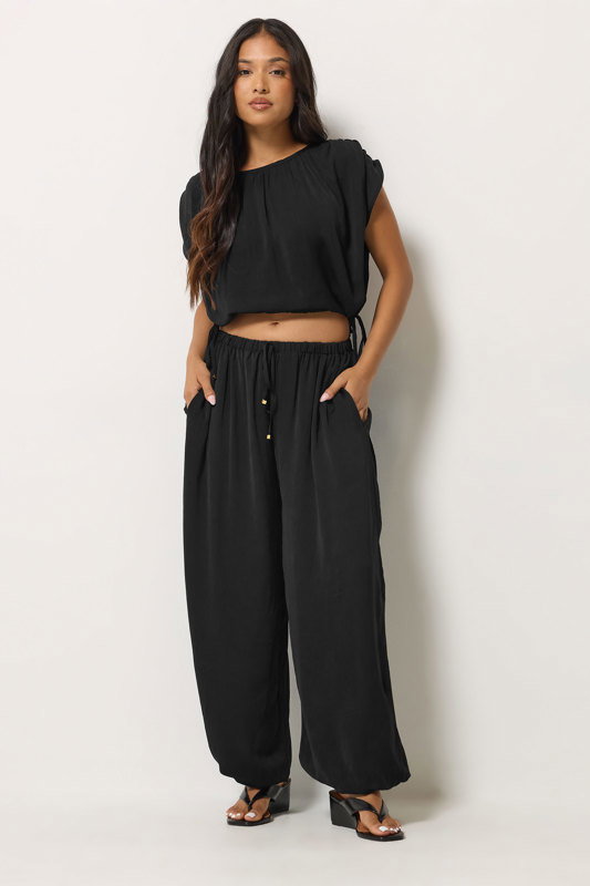 PixieGirl Petite Womens Black Satin Balloon Trousers | PixieGirl