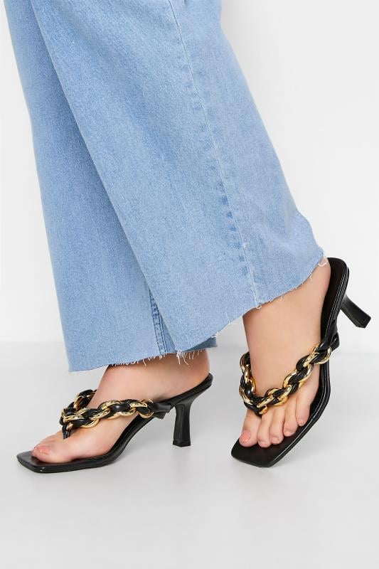 Plus Size  Yours Black Square Toe Post Chain Mules In Standard Fit