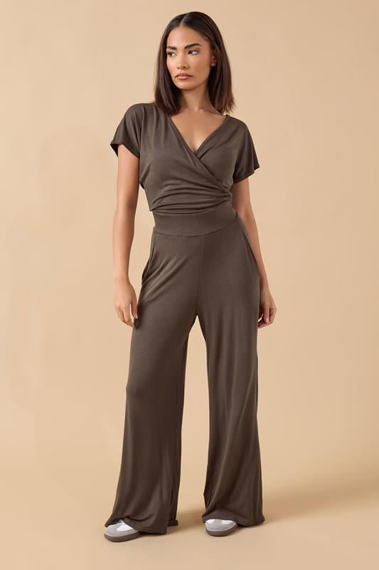 Petite  PixieGirl Petite Chocolate Brown Wrap Wide Leg Jumpsuit