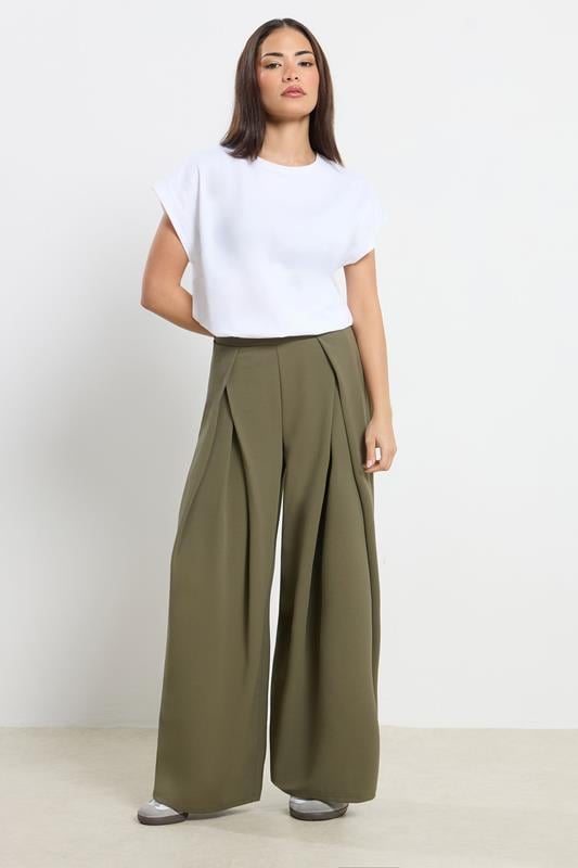 Petite  PixieGirl Petite Khaki Green Wrap Pleated Wide Leg Trousers