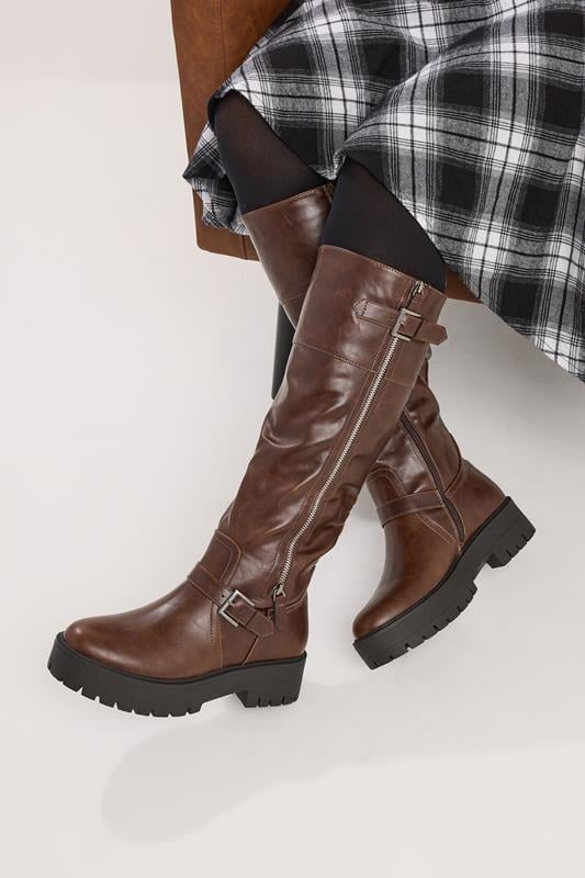 Brown Faux Leather Buckle Chunky Knee High Boots In Standard Fit