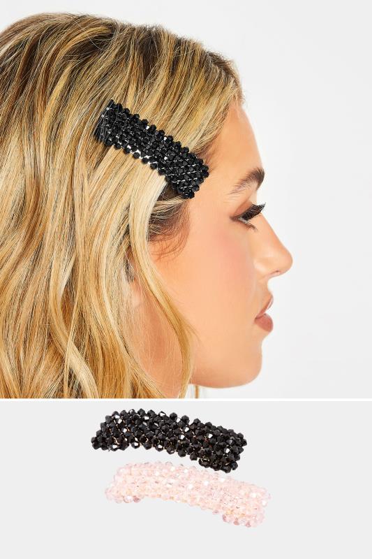 2 PACK Black & Pink Cluster Crystal Hair Clips | Yours Clothing 1